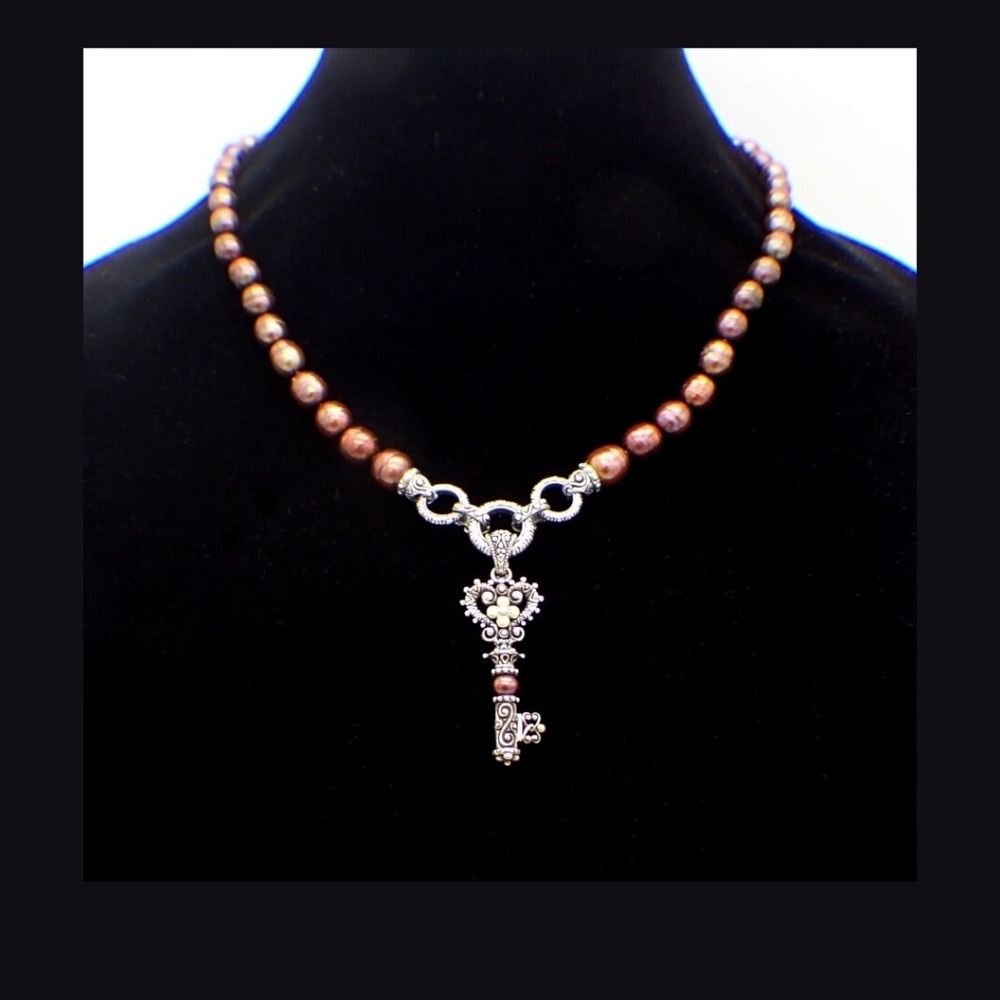 Vintage 18k Key Pendant Necklace with Chocolate freshwater pearls And 925 Silver